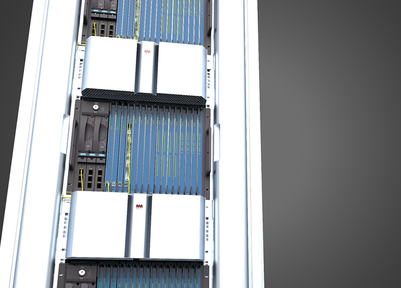 > Cabinet effect display, silver cable organizer and purple-gray chassis form the ultimate texture contrast; This scheme highlights the characteristics of the cable rack, the overall equipment is full of power, highlighting the concept of product protection and safety.